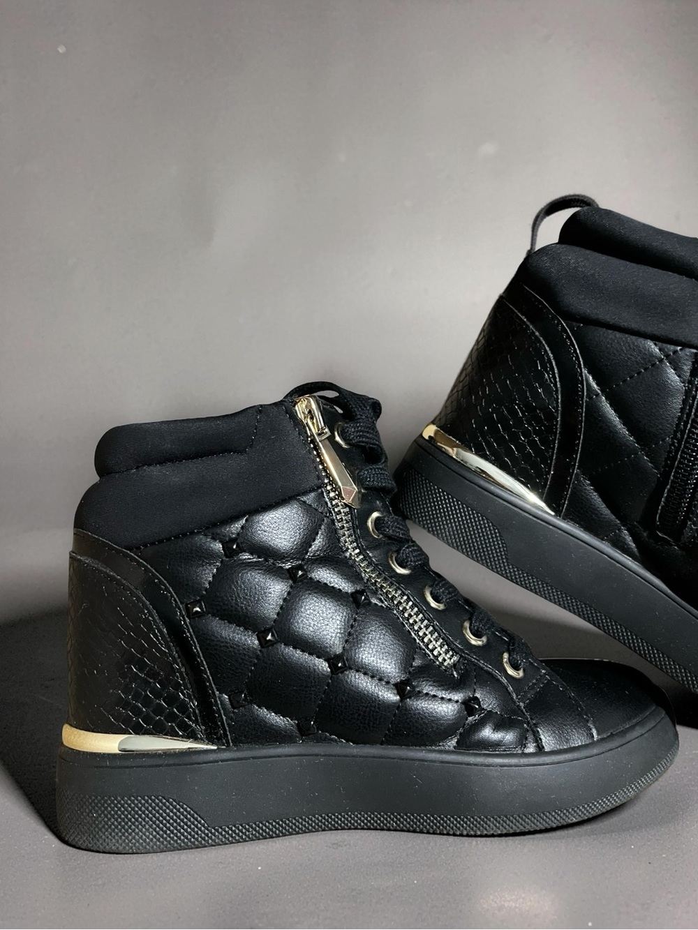 Kids -Black Quilted High-Top Wedge Sneakers with Gold Accent- kids